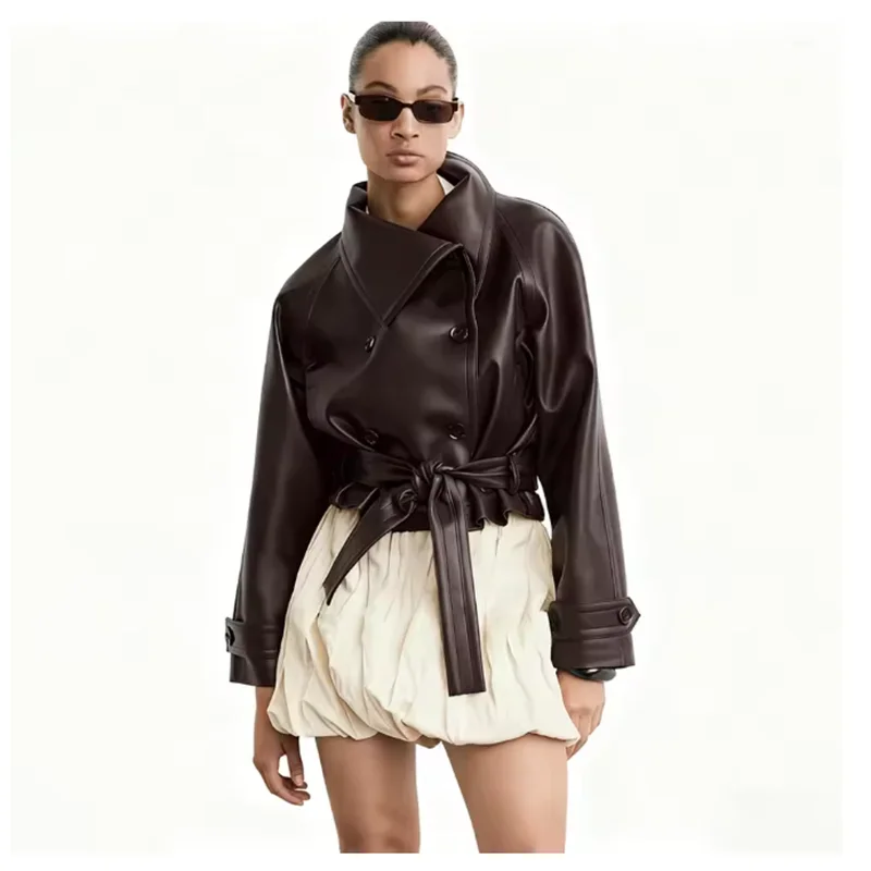 

Solid Spliced Lace Up Vintage Leather Jackets for Women Lapel Long Sleeves Patchwork Double Breasted Jacket Female