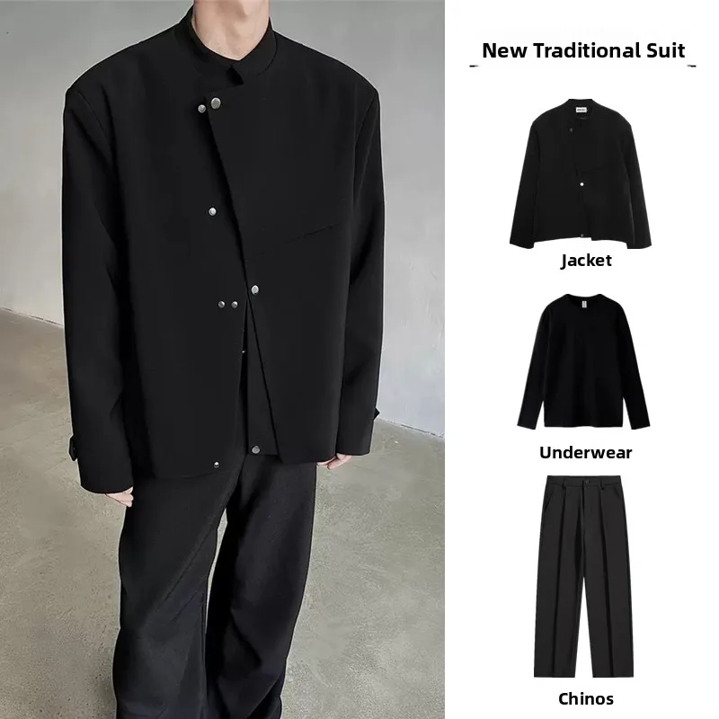 New Chinese Style Men's Jacket Set with Slant Button Design Padded Shoulder Collar Stand up Spring Autumn Wear Casual Outerwear
