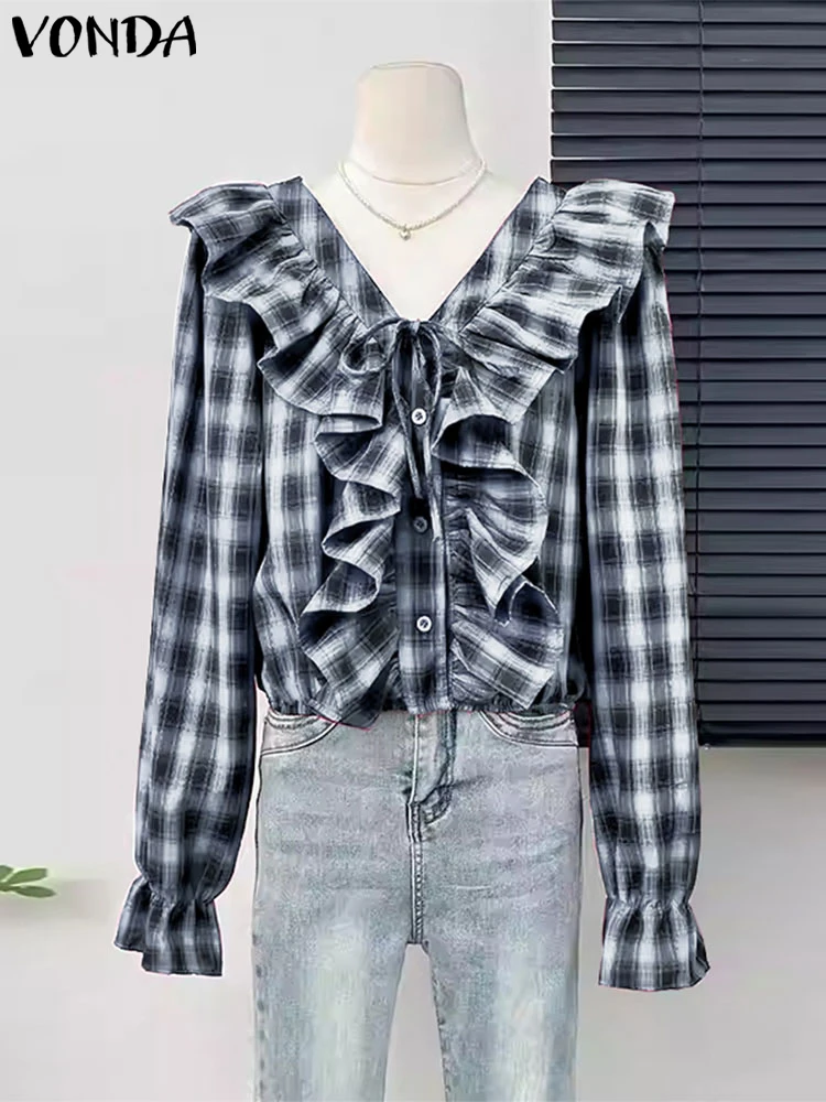 

VONDA Women Plaid Shirts Ruffled Blouse 2025 Autumn Fashion Long Sleeve V-Neck Bandage Casual Elegant Korean Tops Tunic Blusas