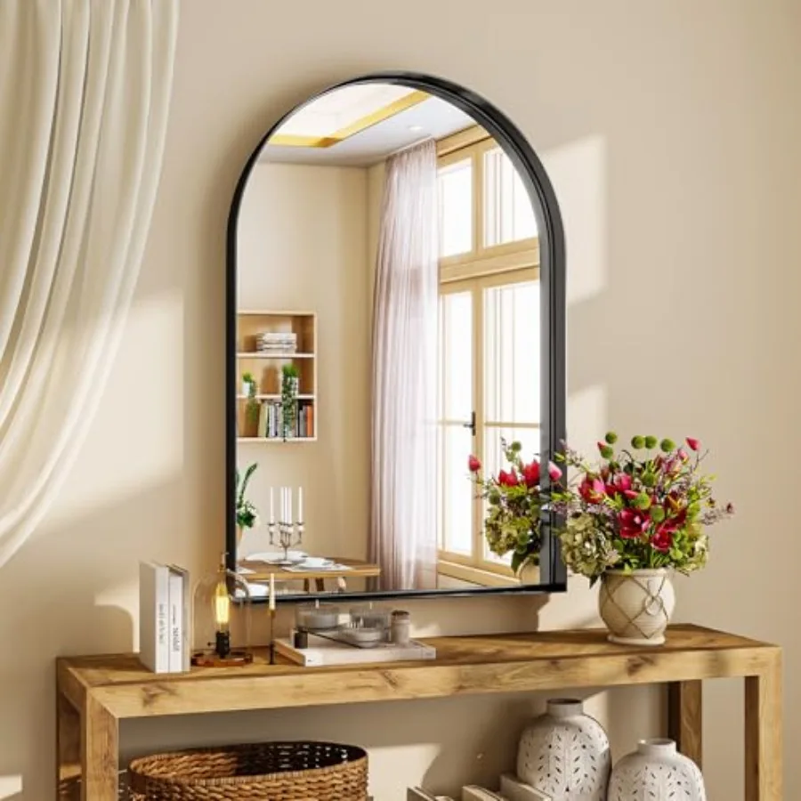 

26 x 38 Arched Bathroom Mirror for Living Room, Dresser, Entrance, Hallway Shatterproof Tempered Glass, Black Metal Deep Frame,