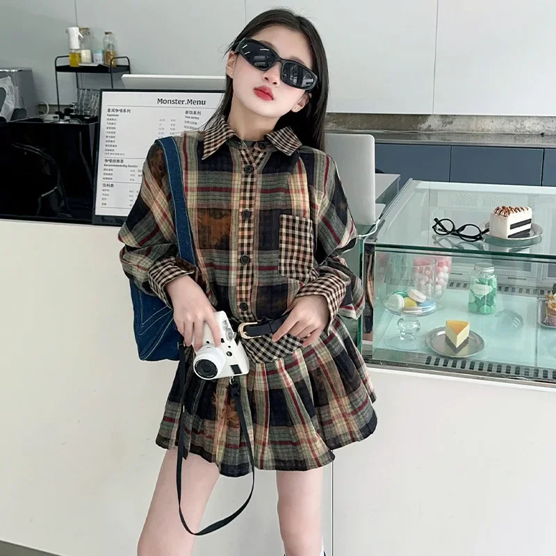 design Chic teenage girls clothes set Tie Dyeing Grid Splicing oversize Shirt+pleated skirt 2pcs junior kids suit child outfits