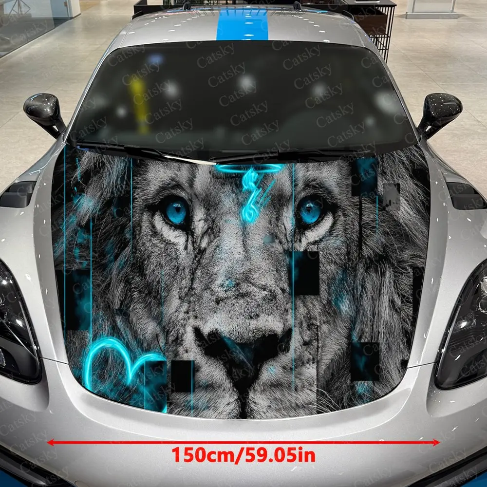 Neon Grid Pattern Beast King Car Vinyl Wrap, PVC Waterproof Car Hood Sticker, Self-Adhesive Scratch-Resistant Stickers