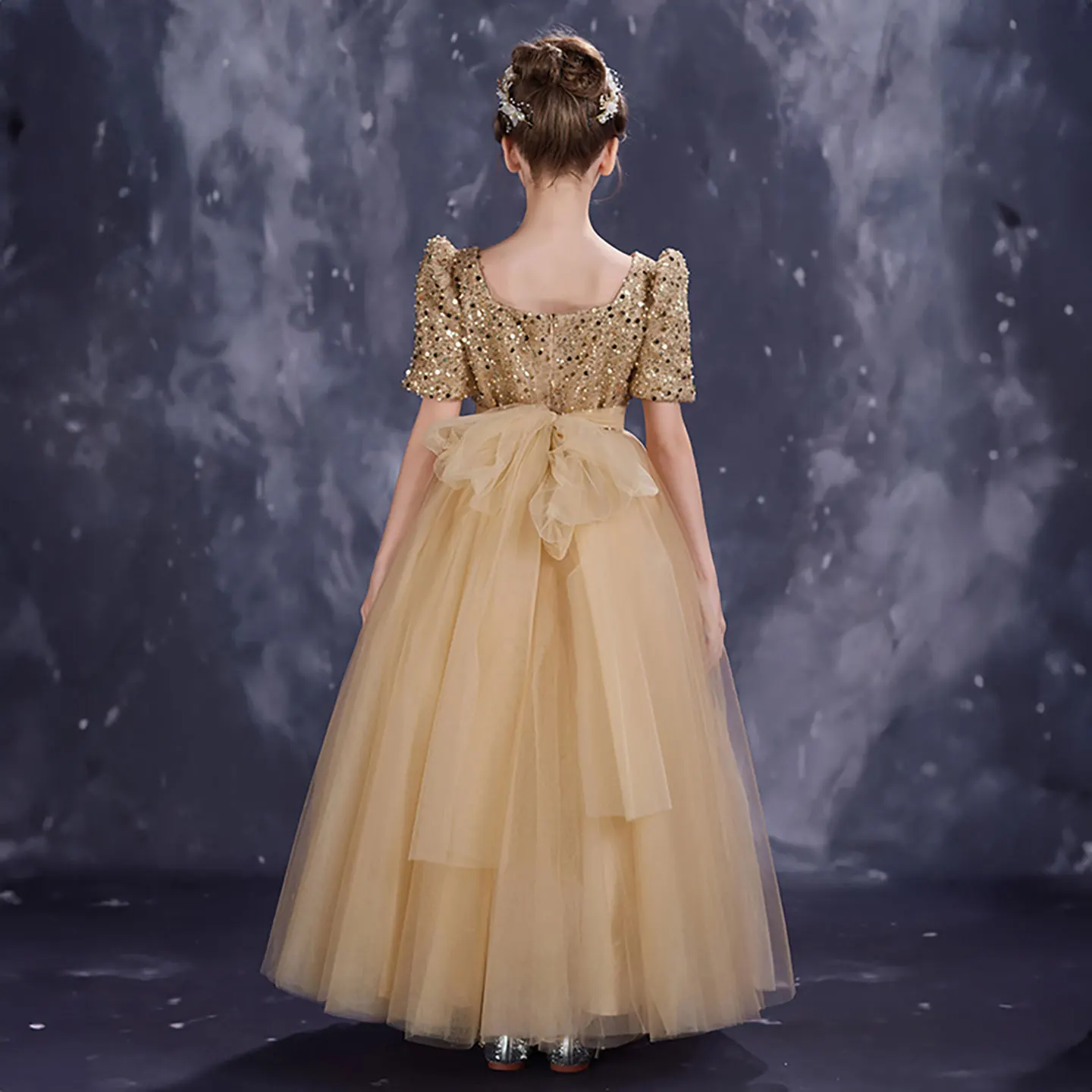 Jill Wish D349 Luxury Champagne Flower Girl Dress Glitter Tulle Princess Ball Gown for Wedding Party Birthday Pageant Kids Dress