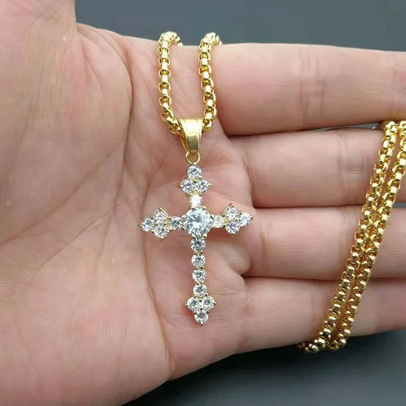 Full 5A Zircon Diamonds Cross Pendant Necklaces Men 18k Gold Plated Stainless Steel 60cm Chain Trendy Cool Accessory Titanium