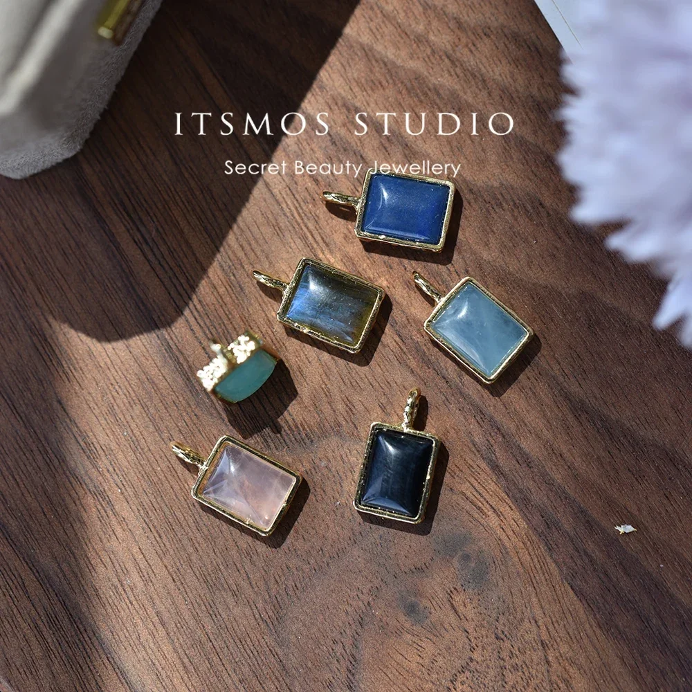 ITSMOS Natural Crystal Obsidian Gold Pendant Necklace Simple Rose Quartz Lapis Square Stone Elegant Jewelry for Women Romatic