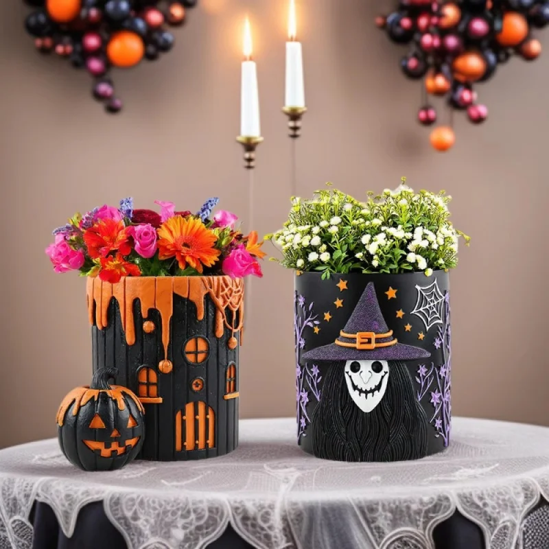 

Halloween Witch Pumpkin House Resin Flower Pot Green Plant Potted Decoration Courtyard Outdoor Balcony Garden Decor