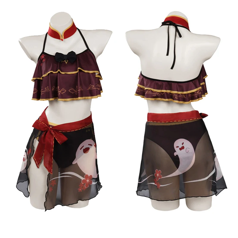 Genshin Impact Hutao Cosplay Swimsuit Halter Bikini Lolita Ruffle Crop and Panties and Wrap Skirt Three-Piece Suit Swimwear