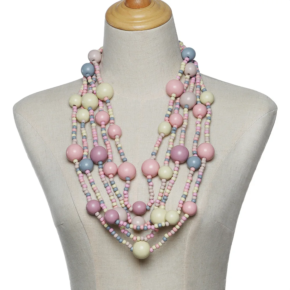 Ethnic wind wood bead strip necklace multi-layer sweater chain dream jewelry pink foreign trade Amazon special necklace