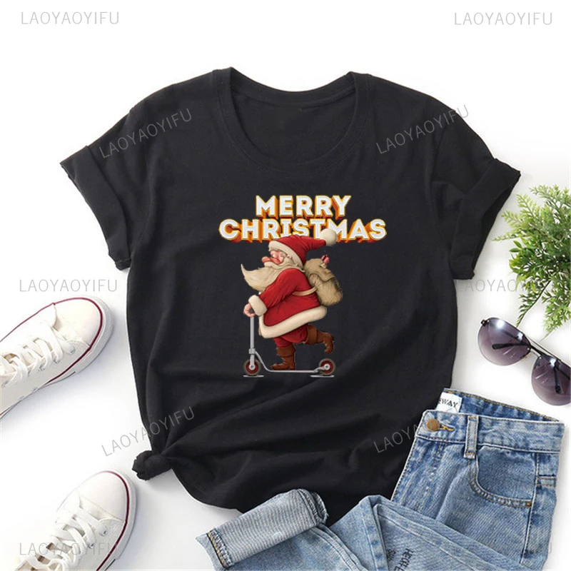 Merry Christmas  New Year Tshirt Men Women Cotton Funny Santa Claus Elk Letters Pattern Shirt Summer O-neck Loose Casual Tops