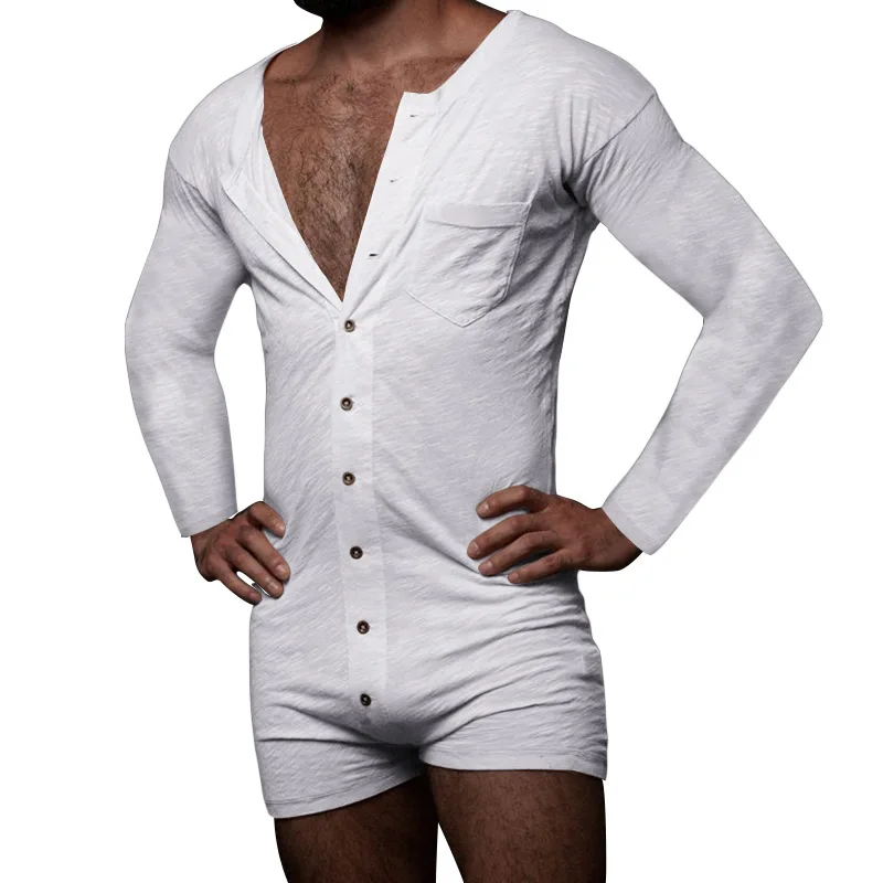 2024 Men's Sexy Pajamas Sets Casual One Piece Male Onesie Long Sleeve Solid Romper Single-breasted Jumpsuit Sleepwear Nightwear