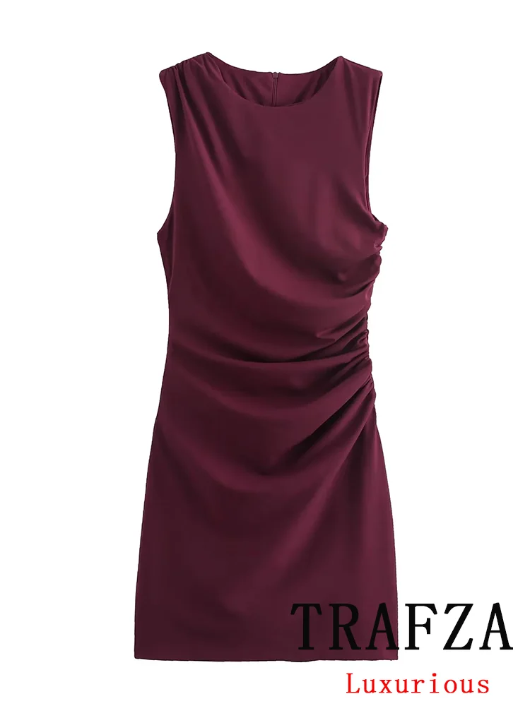 TRAFZA Vintage Chic Women Dress Solid Sleeveless Zipper O-Neck Pleated Mini Dress New Fashion 2024 Autumn Female Party Dress