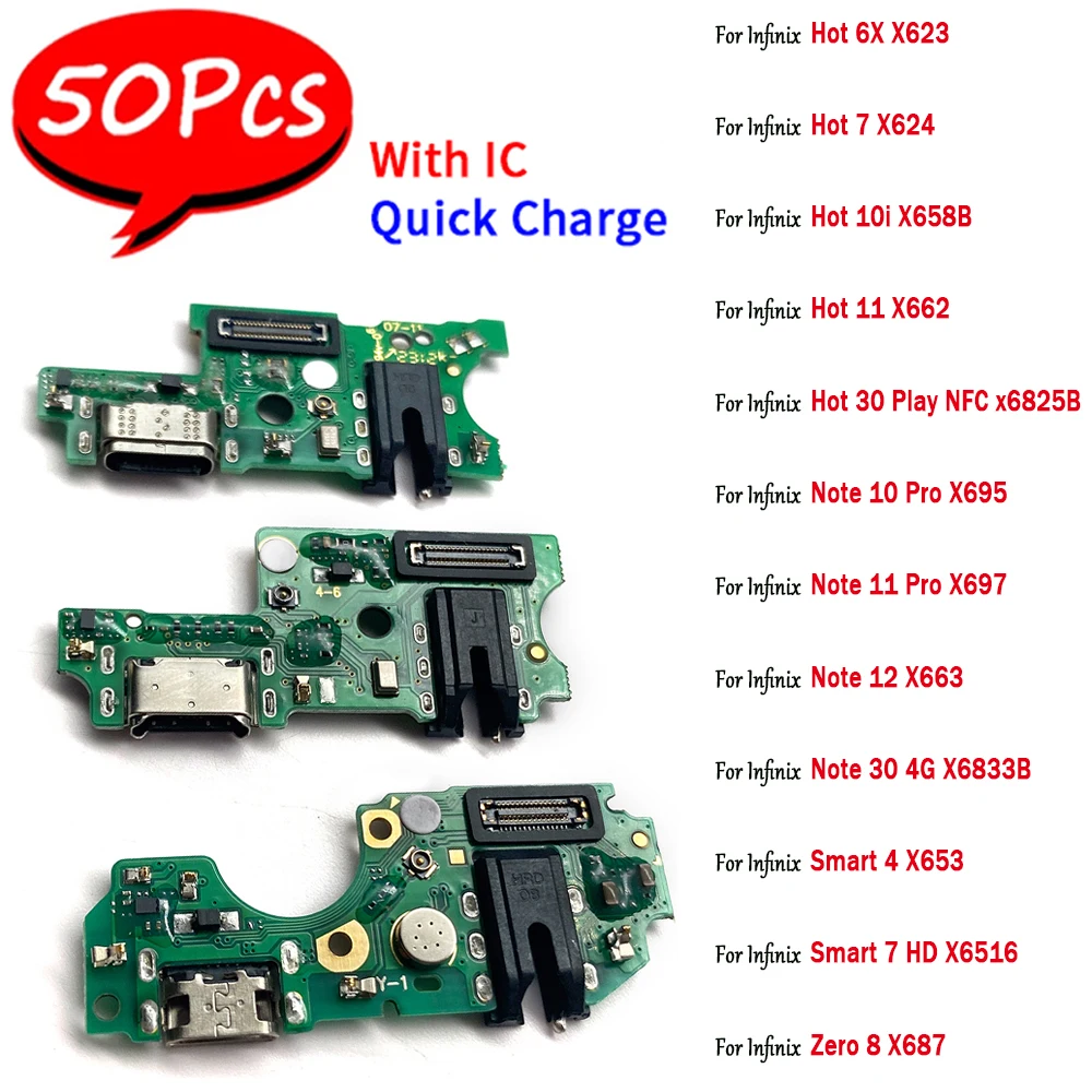 50Pcs，USB Charge Port Jack Dock Connector Charging Board Flex For Infinix Hot 6X 7 10i 11 30 Play Note 10 11 Pro 12 30 Smart 4