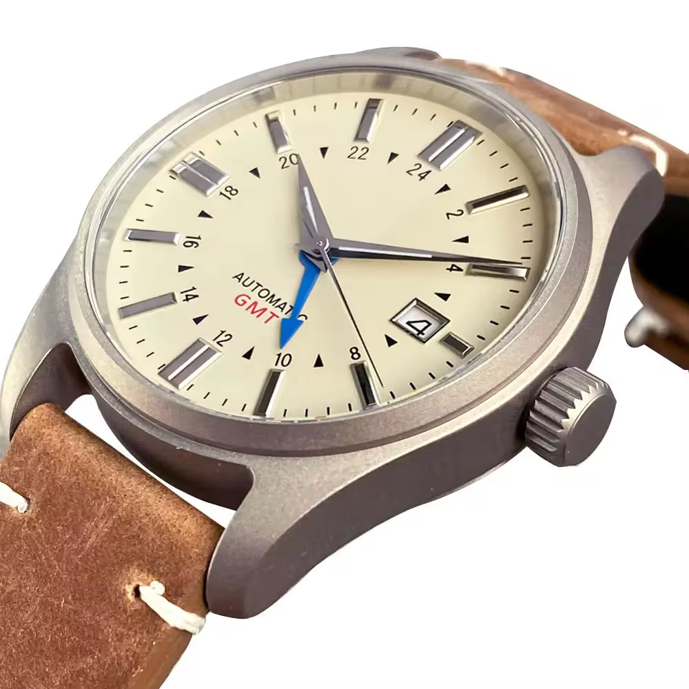 Tandorio mergulhador titânio piloto relógio elegância nh34aa gmt aço relógio mecânico masculino marcadores de prata pulseira de aço relógios de presente