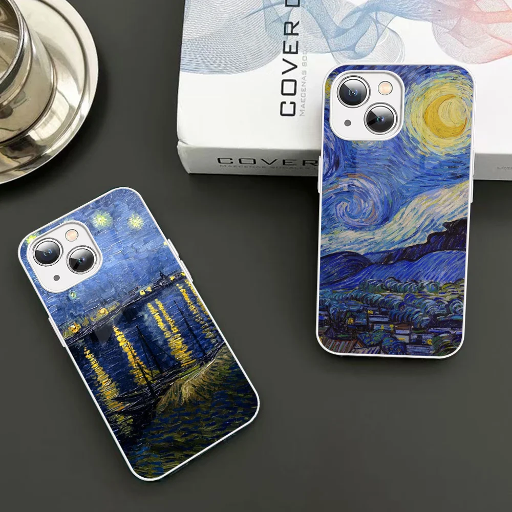 

Van Gogh Starry Night Art Oil Painting Phone Case For iPhone 14 13 12 Mini 11 Pro XS Max X XR 14 Plus Tempered Glass Cover