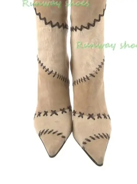 Patchwork Faux Fur Knee High Boots Retro Ethnic Stitch Sewing Pointed Toe Thin High Heel Boots Winter Warm Party Heeled Boots
