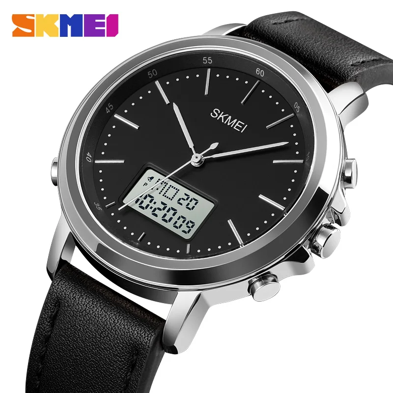 SKMEI 1652 reloj hombre Dual Display Casual Watches Men Chrono Alarm Digital Mens Wristwatch Leather Strap Waterproof Watch