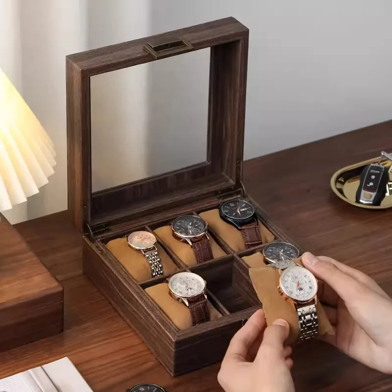 Wooden grain leather watch storage box, household dust-proof watch gift box, collection, display, storage display box