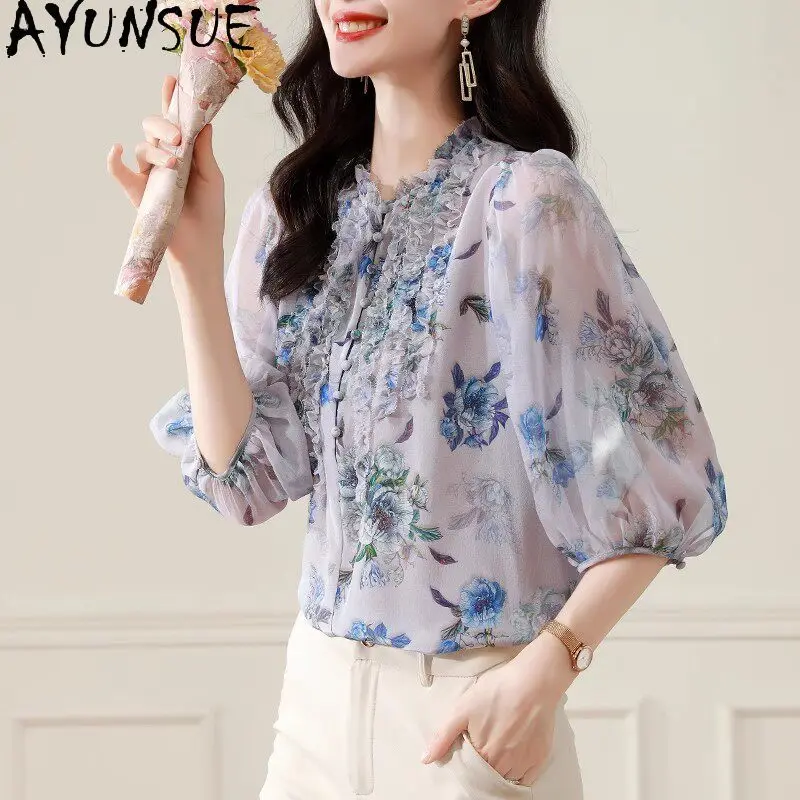 

AYUNSUE 100% Natural Mulberry Silk Shirt Women Summer Clothes Elegant Women's Shirts Lantern Sleeve Top Print Блузка Женская