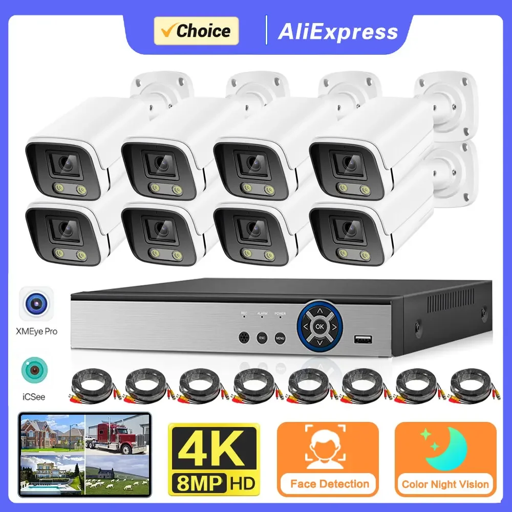 

4K Ai Colorful Night Vision AHD CCTV Camera System 8CH H.265 DVR Kit Outdoor Waterproof 8MP Analog Camera Video Surveillance Kit