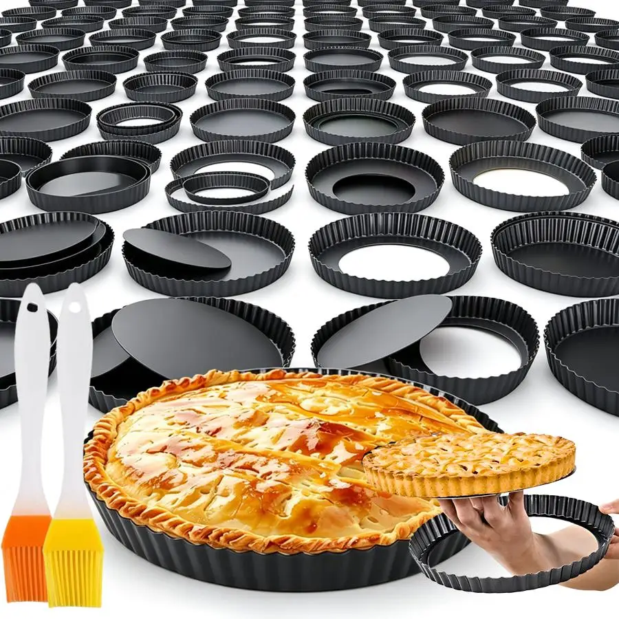 2pcs Fluted Edge Loose Base Pie Tart Mold & Random Oil Brush Set, Non-Stick Carbon Steel Baking Pan, Household Pastry Tool XJM