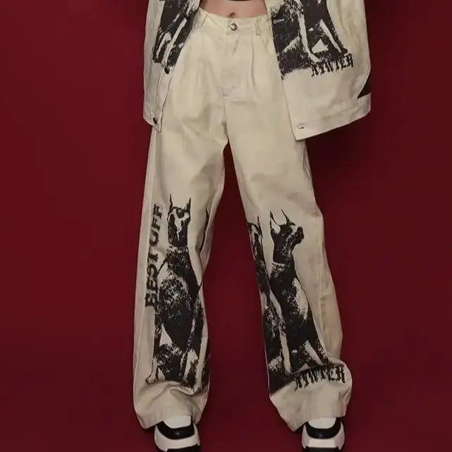 

American Street-Made Doberman Printed Jeans For Men And Women High Street Fashion Brand Straight Loose Niche Casual Pants