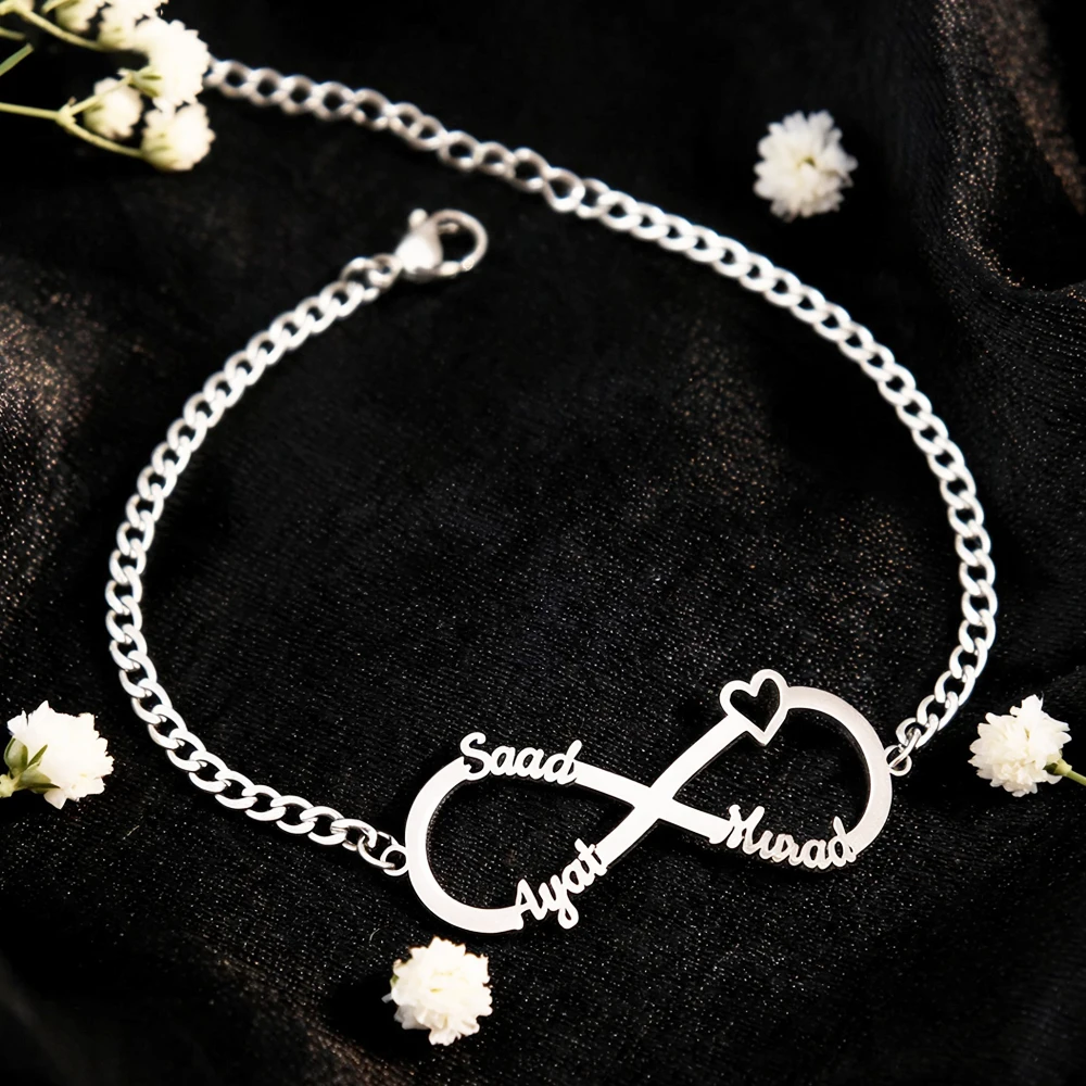 Personalisiertes Infinity-Armband aus Edelstahl mit 1-4 Namen, Geschenk für Frauen, Namensschild-Armbänder für Familie und Freundin
