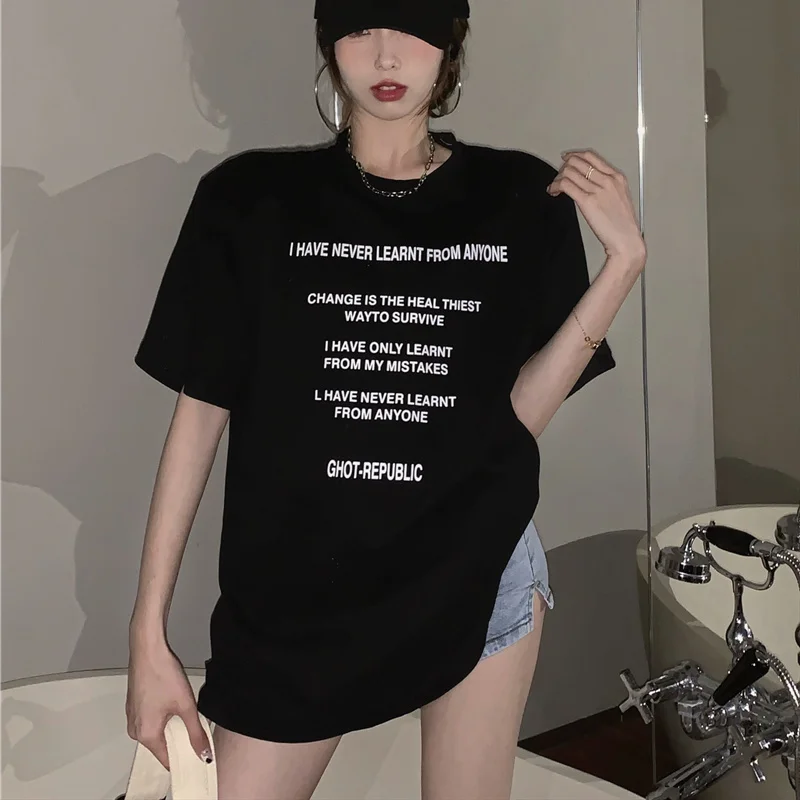 Korean Mid Length Version Women's Clothing Summer Loose Short Sleeve Tops Ladies Casual Pullovers Letter T-Shirts Fashion 2024