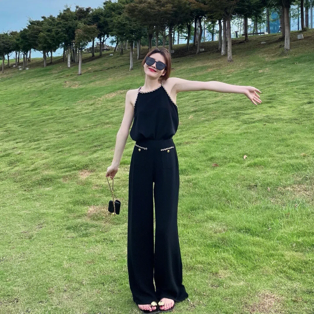 2024 Summer Elegant Black Sleeveless Off-Shoulder Strap Top Shirt High Waist Loose Wide Leg Pants Sets For Women Two-Piece Set