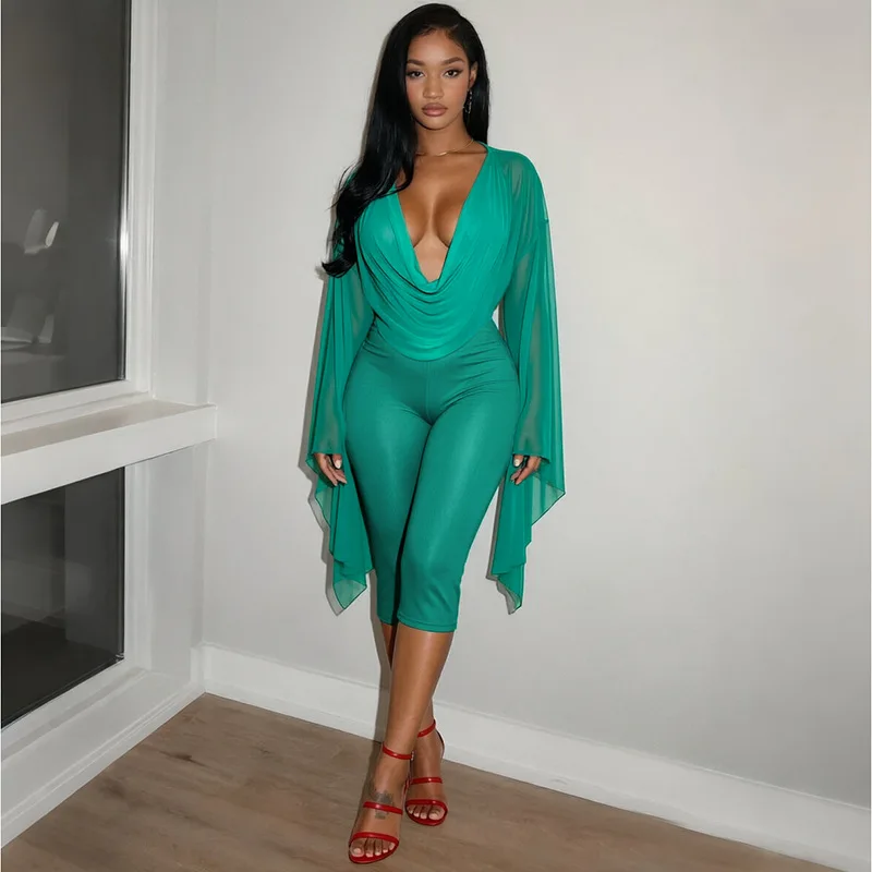 Stylish Lady Mesh Flare Sleeve Cowl Neck Top And Capri Pants Set Women Solid Color Sexy Party Club Two Piece Outfit Streetwear