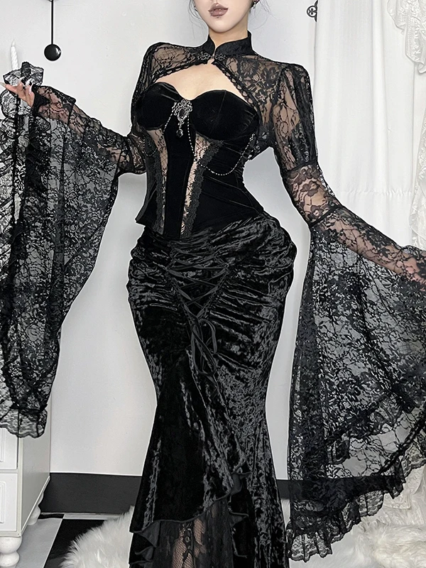 Gothic Lace Set Women's Tube Top Flared Sleeve Three Piece Halloween Witch Costume Breathable Polyester Fiber High Waist Skirt