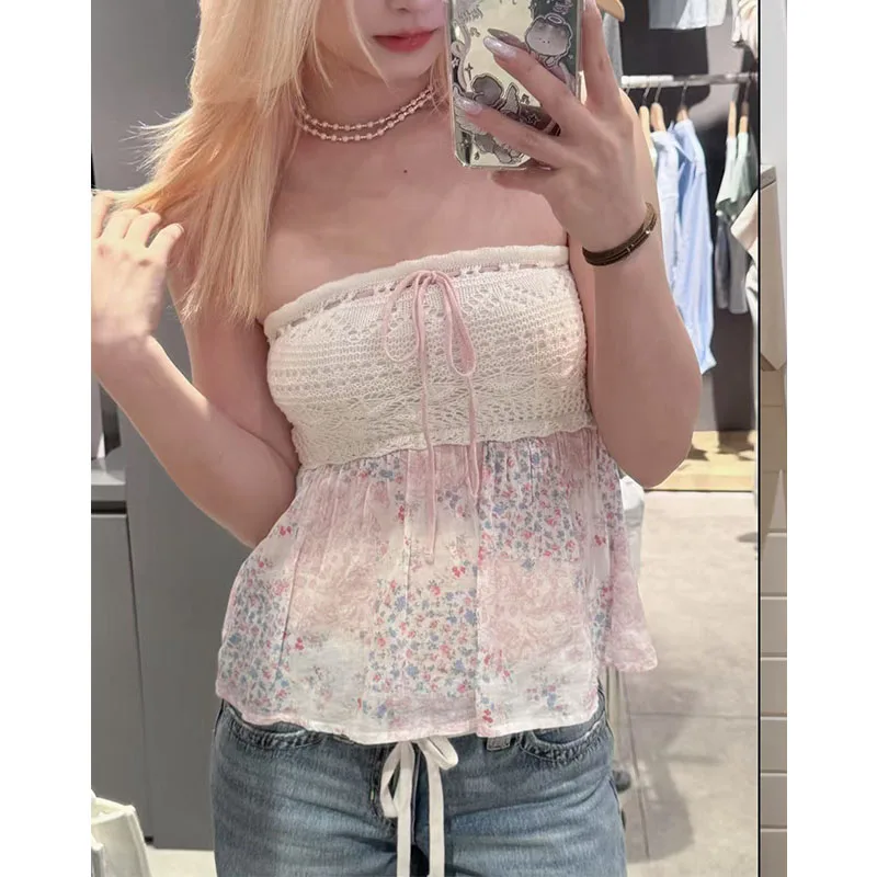 

Y2k Летняя женская винтажная розовая многослойная юбка с принтом по подолу, майка без рукавов с рюшами, без бретелек, облегающий жилет, майка, одежда 2000-х годов