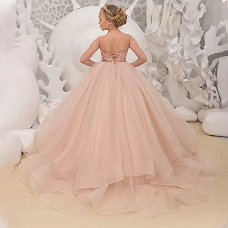 Long Ruffles Blush Ball Gown Child Flower Girl Dresses for Wedding Princess Appliques Cap Sleeves  Photoshoot Communion Gowns