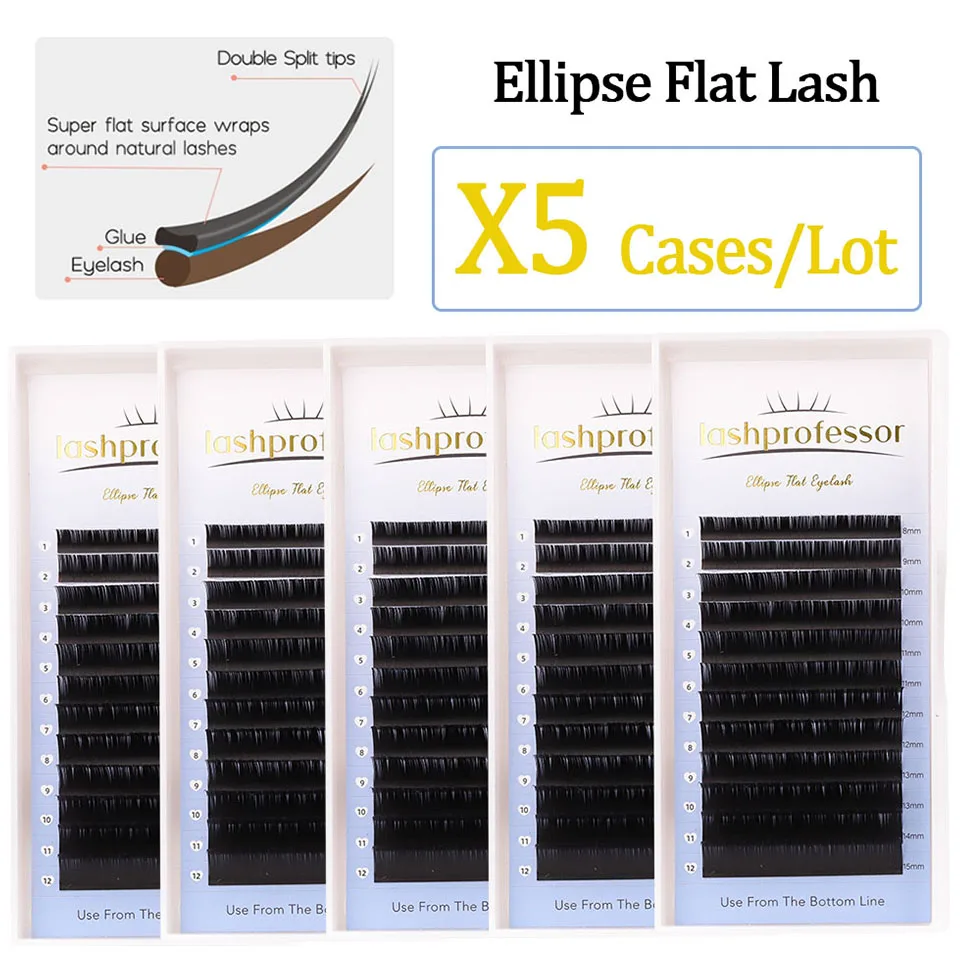 Lashprofessor Wholesale 5 Cases 0.15 0.20 Double Split Tips Ellipse Flat Lashes Matte Flat Shaped Lash Extension Cilios Supplier