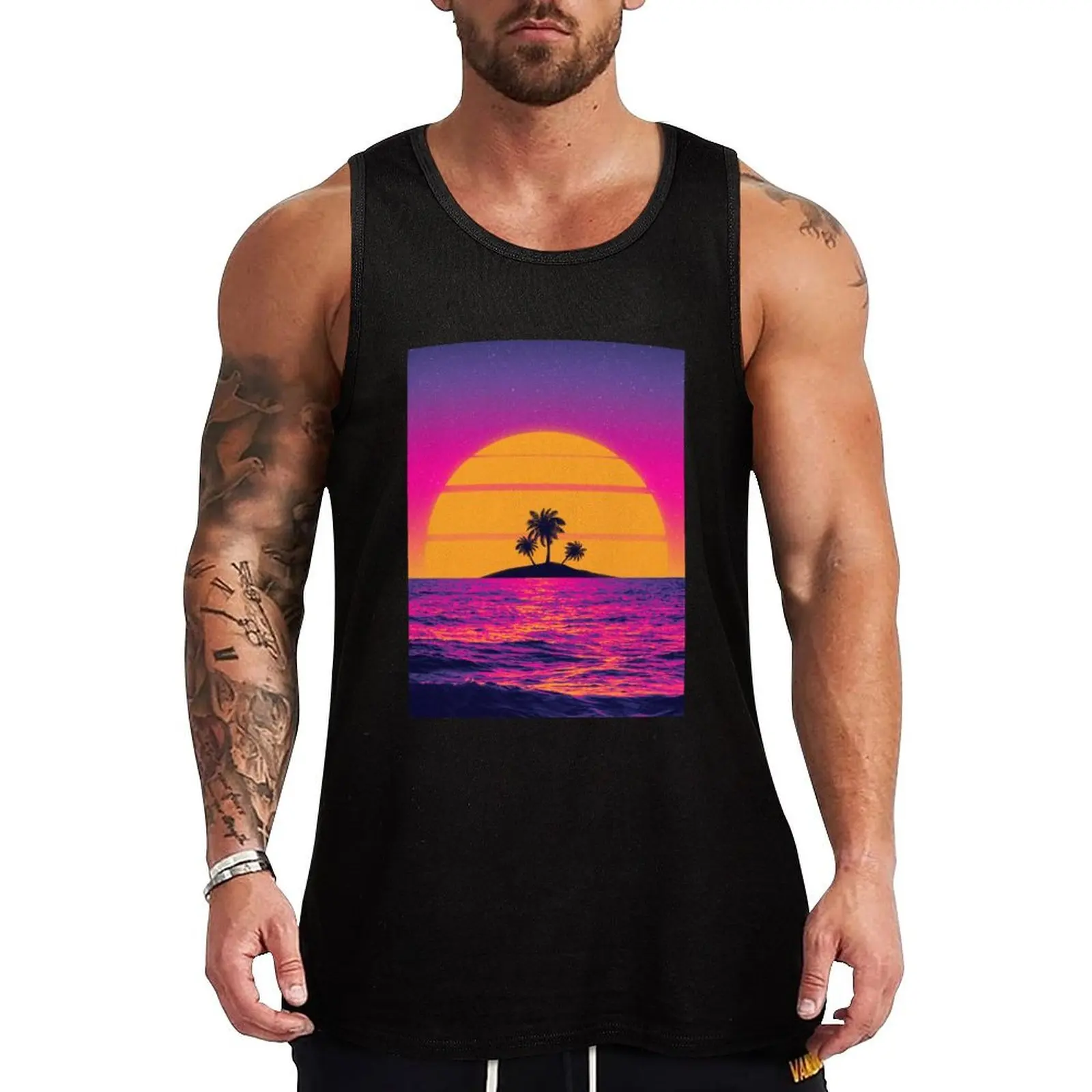 80-е годы Retrowave Sunset Tank Top Мужская одежда для фитнеса Мужская рубашка без рукавов Мужская спортивная футболка