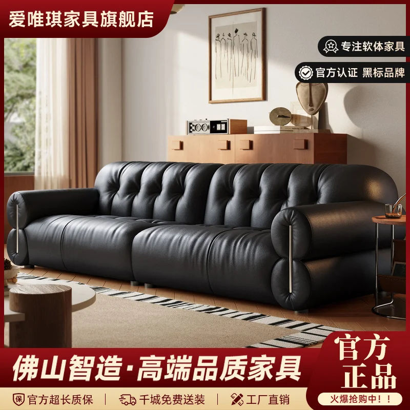 

custom. [Official Genuine] Aiweiqi Sofa Black Sugar Top Layer Cowhide Genuine Leather Sofa Modern Simple Living Room Straight Ro
