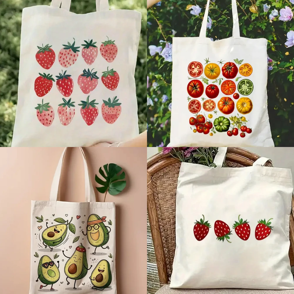

1pcs Pink Strawberry Canvas Tote Bag Tomato Avocado Pattern Shopping Bag for Women Durable Friendly Perfect for Daily Use Gifts