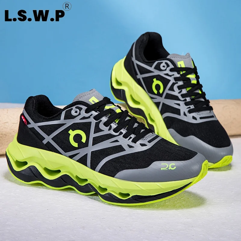 Men's Running Shoes, New Unisex Hollow-Out Cushioning Running Shoes, Breathable Fly-Knit Mesh Sports Shoes, Wave-Shaped Thick-Soled Rebound Running Shoes, Lightweight, Grip-Resistant, Non-Slip, Suitable for Marathon Training, Travel, Casual Wear, Versatile Sports Shoes