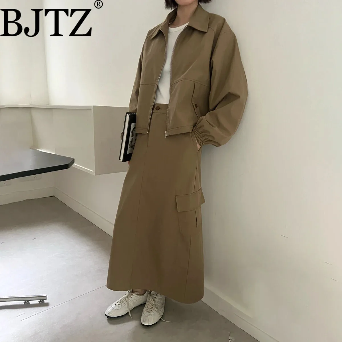 

BJTZ Vintage Elegant Chic Lapel Zipper Jacket Elastic Skirt Casual 2 Piece Set For Woman 2025 New Trendy Spring Autumn