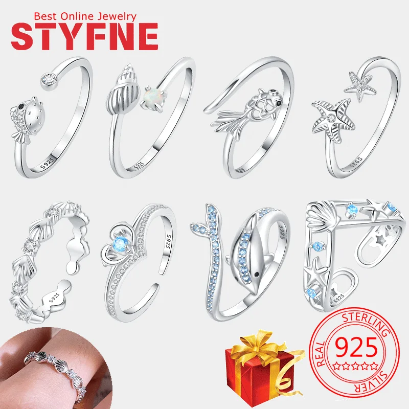 

Rings 925 Sterling Silver Heart-Shaped Dolphin Starfish Women's Ring Ocean Valentine's Day Women's Jewelry With Gift Bag