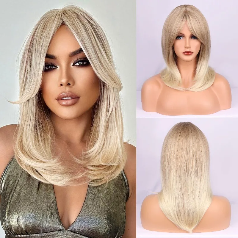 

Blond Short ombre Straight Middle Part wigs Nature And Soft Synthetic Fiber Hair Wigs For Women For Daily Cosplay Party Use