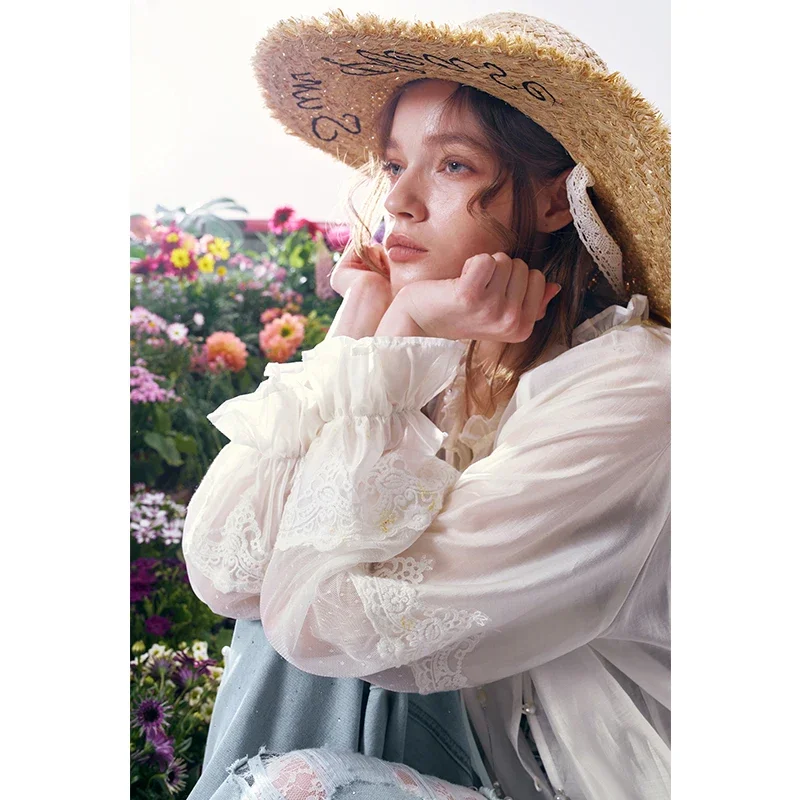 ELFSACK Elegant White Lace Chiffon Shirt V-Neck Sheer Sleeve Button Up Blouse Casual Versatile Long Sleeve Top