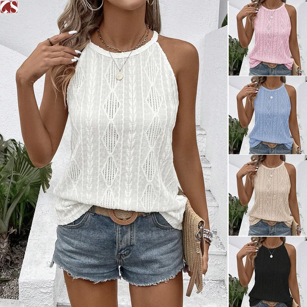 Women's European And American Style Slim Fit Jacquard Geometric Pattern Fixed Strap Halter Neck Pullover Tank Top Women Clothing