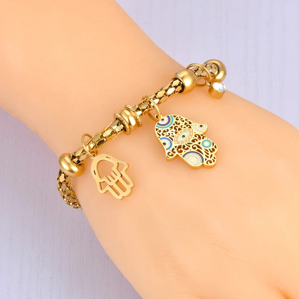 Lokaer 316L Stainless Steel Fatima Hand Charm Bangle Bracelet for Women Exquisite Gold Color Popcorn Chain Jewelry брелок B23088