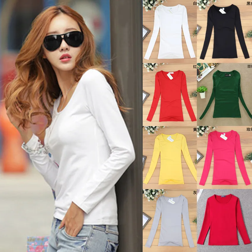 Women Basic Solid Long Sleeve T Shirt Round Crew Neck Plain Cotton Spandex  Lady Tees & Tops Autumn