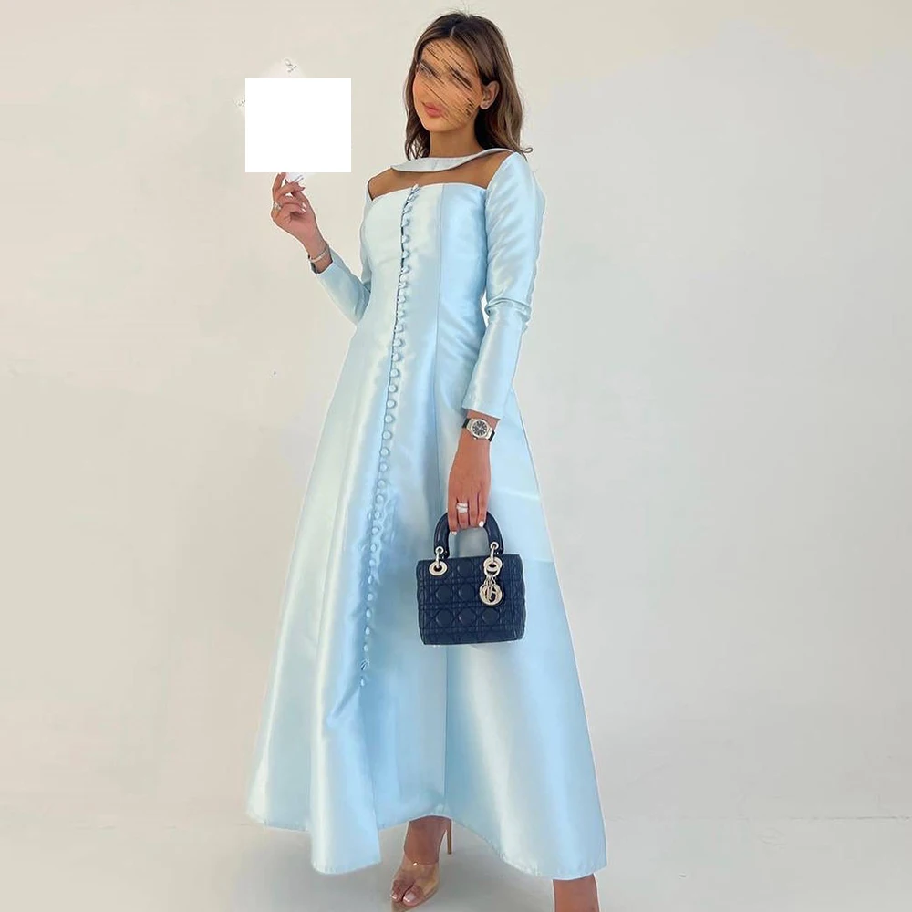 

Elegant Blue Satin A-Line Buttons Pleats Evening Dress Ankle Length Square Neck Long Sleeves Bespoke Occasion Gowns Saudi Arabia