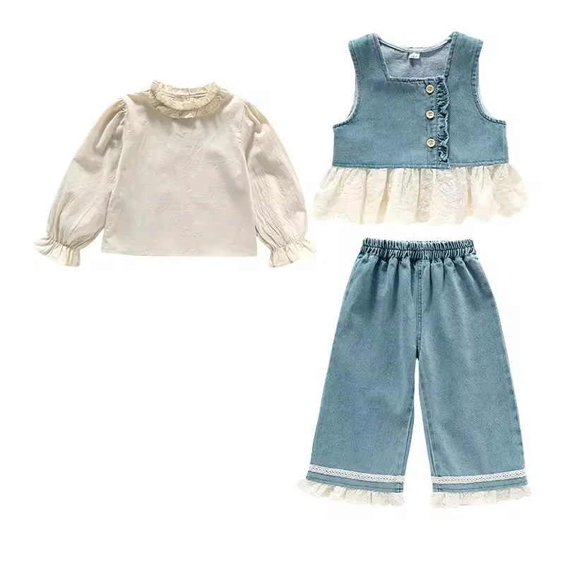 Ropa de niña, conjuntos de tres piezas de encaje a la moda para niños, estilo coreano, trajes largos de mezclilla para primavera y otoño, trajes para niñas