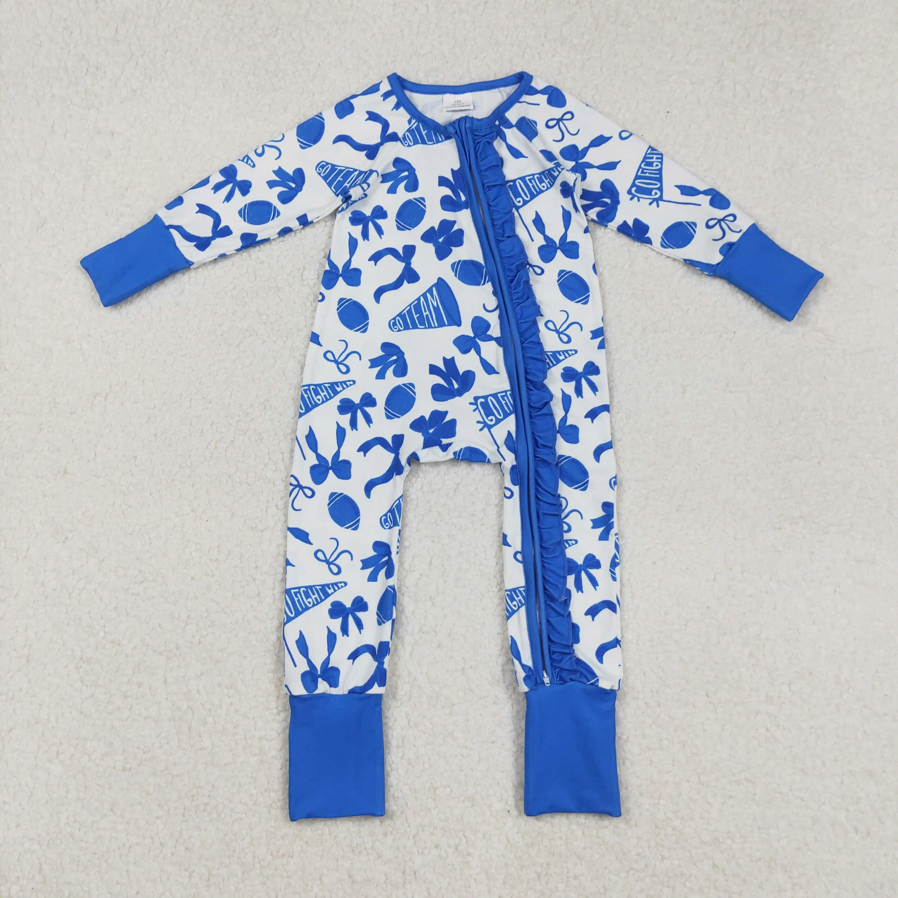 

9.5y Winter Baby Girls' Long-Sleeved Romper Blue Lace Zipper Jumpsuit with Football Horn Bow Pattern Cute Girls' Outfit