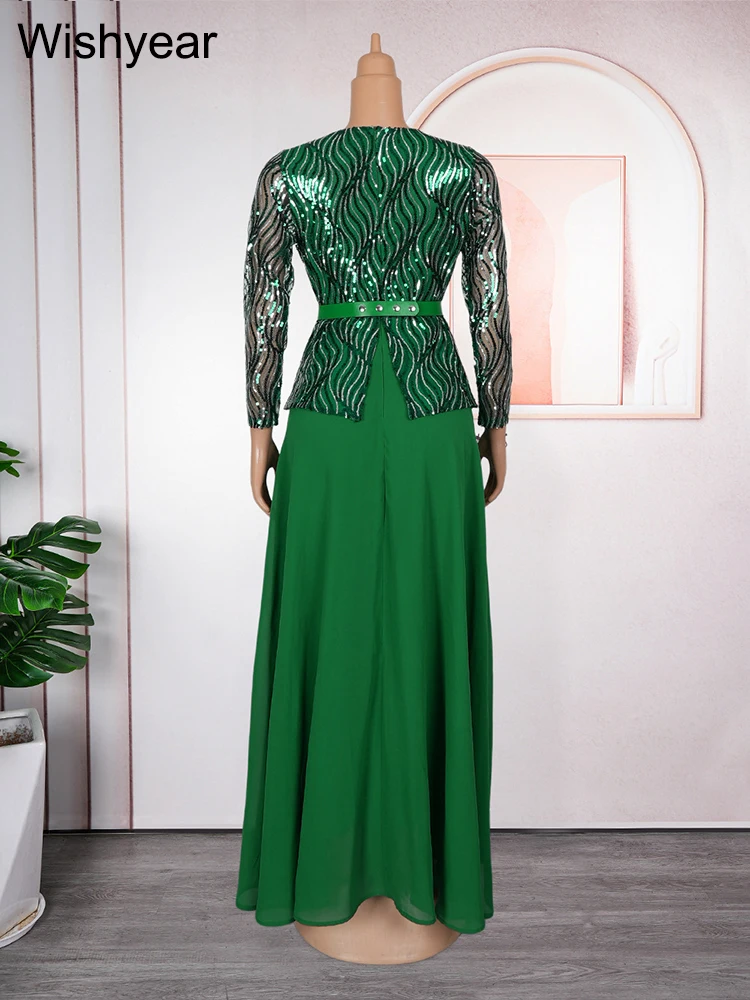 New Luxury Sequined Patchwork pleated Long Dress with Belt Women Long Sleeve Slim Wedding Guest Christmas African Winter Robe