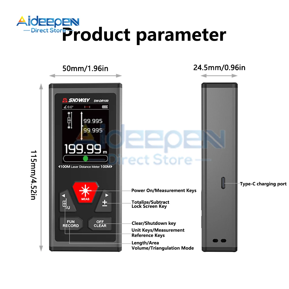 Dual Laser Rangefinder 60M/100M Bilateral Laser Distance Meter With Electronic Angle Sensor Type-C Rechargeable,Magnetism