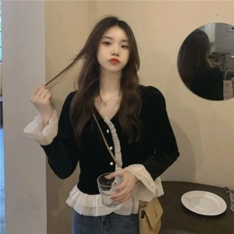 قميص مخملي للفطريات والشجرة الصالحة للأكل للنساء ، كم واسع ، قميص برقبة حرف V ، مناسب للجسم ، تصميم مرقع عتيق ، عصري للسيدات في المكتب ، إنز ، شتوي